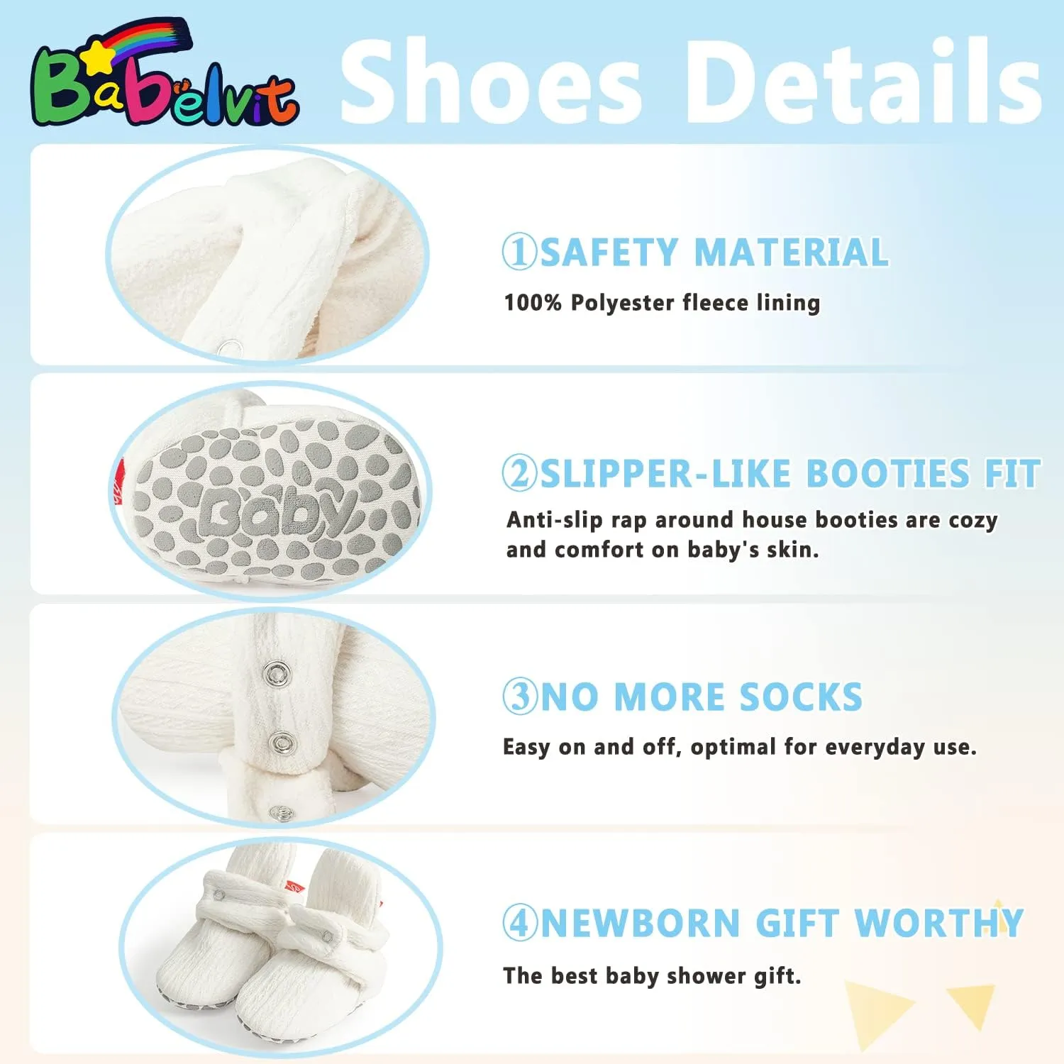 Babelvit Newborn Baby Boy Girl Soft Fleece Booties Stay On Infant Slippers Socks Shoe Non Skid Gripper Toddler First Walkers Winter Ankle Crib Shoes