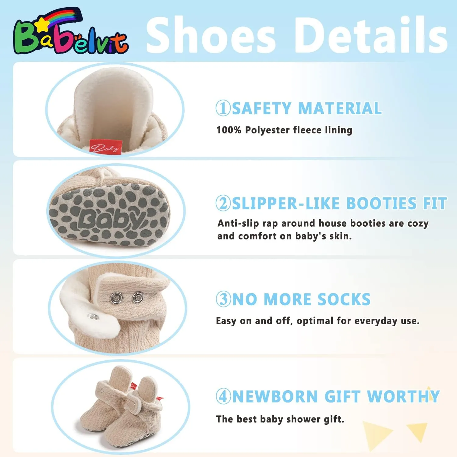Babelvit Newborn Baby Boy Girl Soft Fleece Booties Stay On Infant Slippers Socks Shoe Non Skid Gripper Toddler First Walkers Winter Ankle Crib Shoes