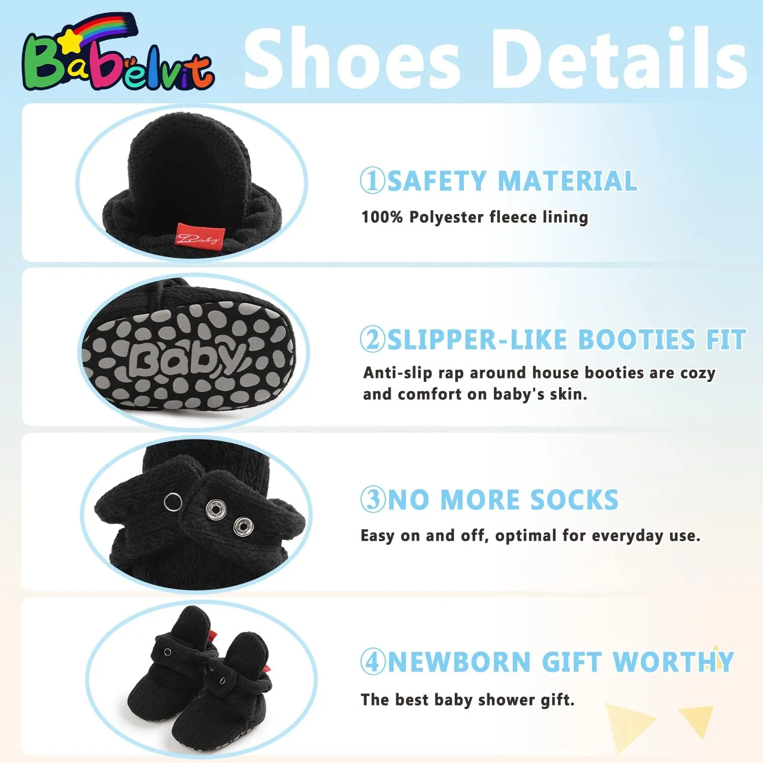 Babelvit Newborn Baby Boy Girl Soft Fleece Booties Stay On Infant Slippers Socks Shoe Non Skid Gripper Toddler First Walkers Winter Ankle Crib Shoes