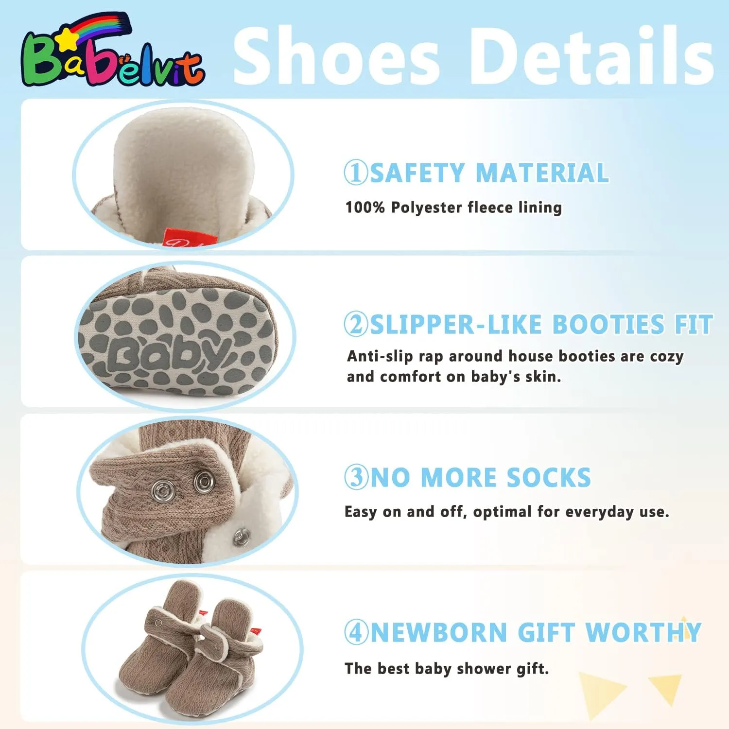 Babelvit Newborn Baby Boy Girl Soft Fleece Booties Stay On Infant Slippers Socks Shoe Non Skid Gripper Toddler First Walkers Winter Ankle Crib Shoes