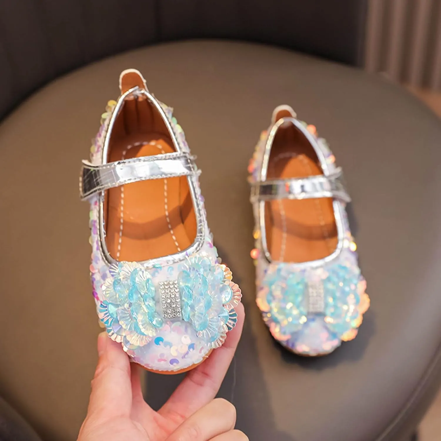 Baby Girls Mary Jane Flats Sparkly Bow Diamonds Low Heel Princess Hook and Loop Party Dress Shoes Loafers Moccasins