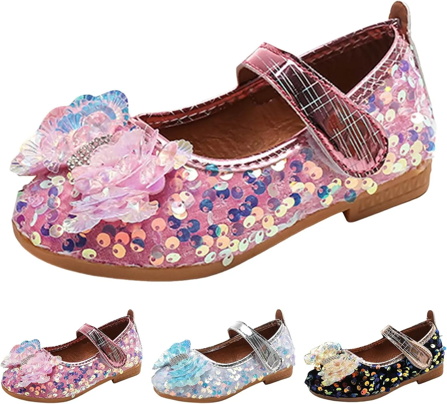 Baby Girls Mary Jane Flats Sparkly Bow Diamonds Low Heel Princess Hook and Loop Party Dress Shoes Loafers Moccasins