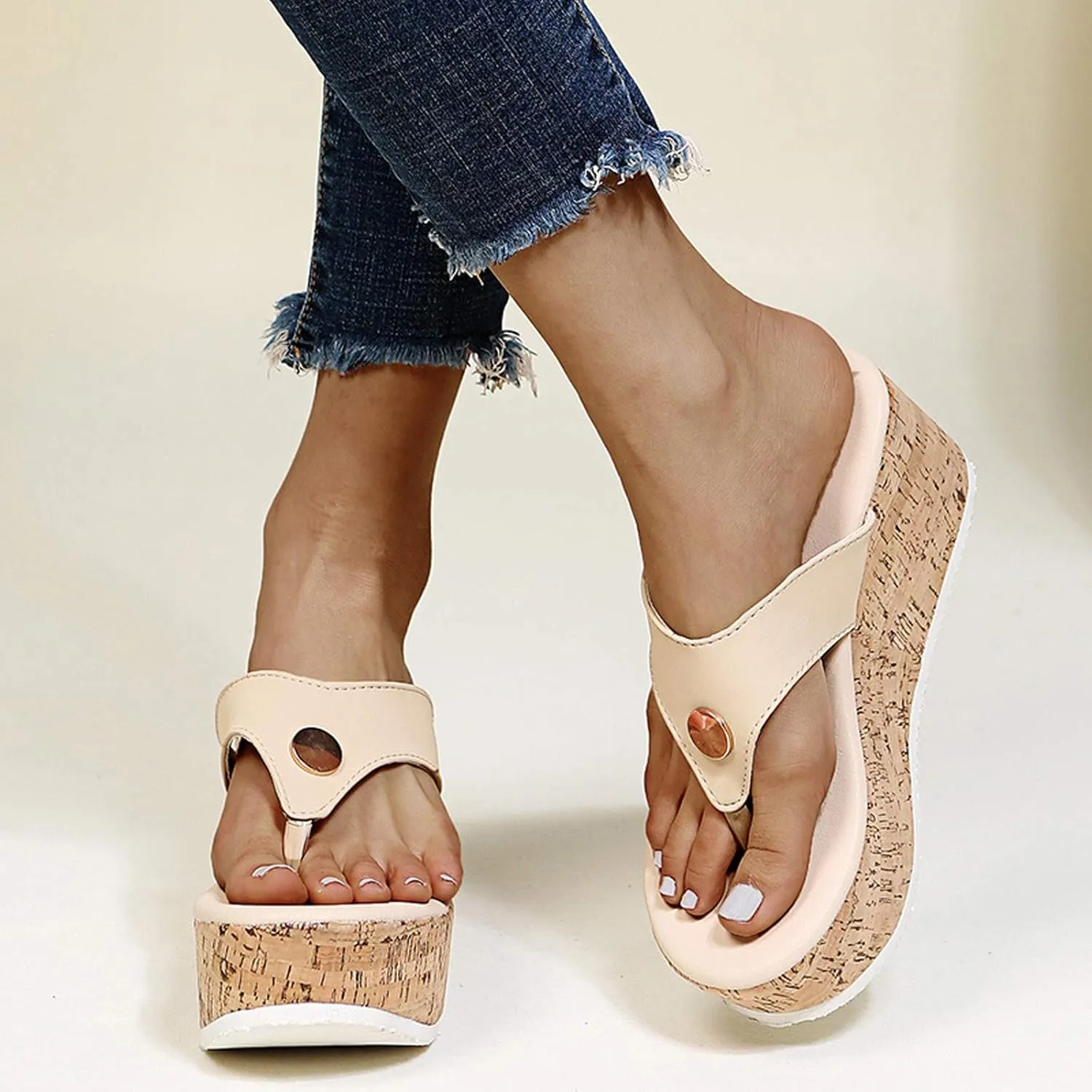 Beach Sandals for Women Summer Casual Wedge Thong Sandal Slip On Platform Flip Flops Comfortable Walking Shoes