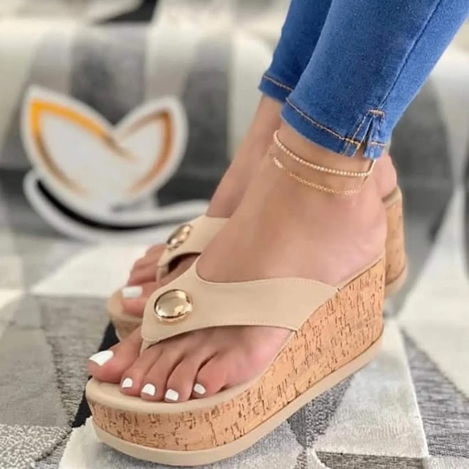 Beach Sandals for Women Summer Casual Wedge Thong Sandal Slip On Platform Flip Flops Comfortable Walking Shoes