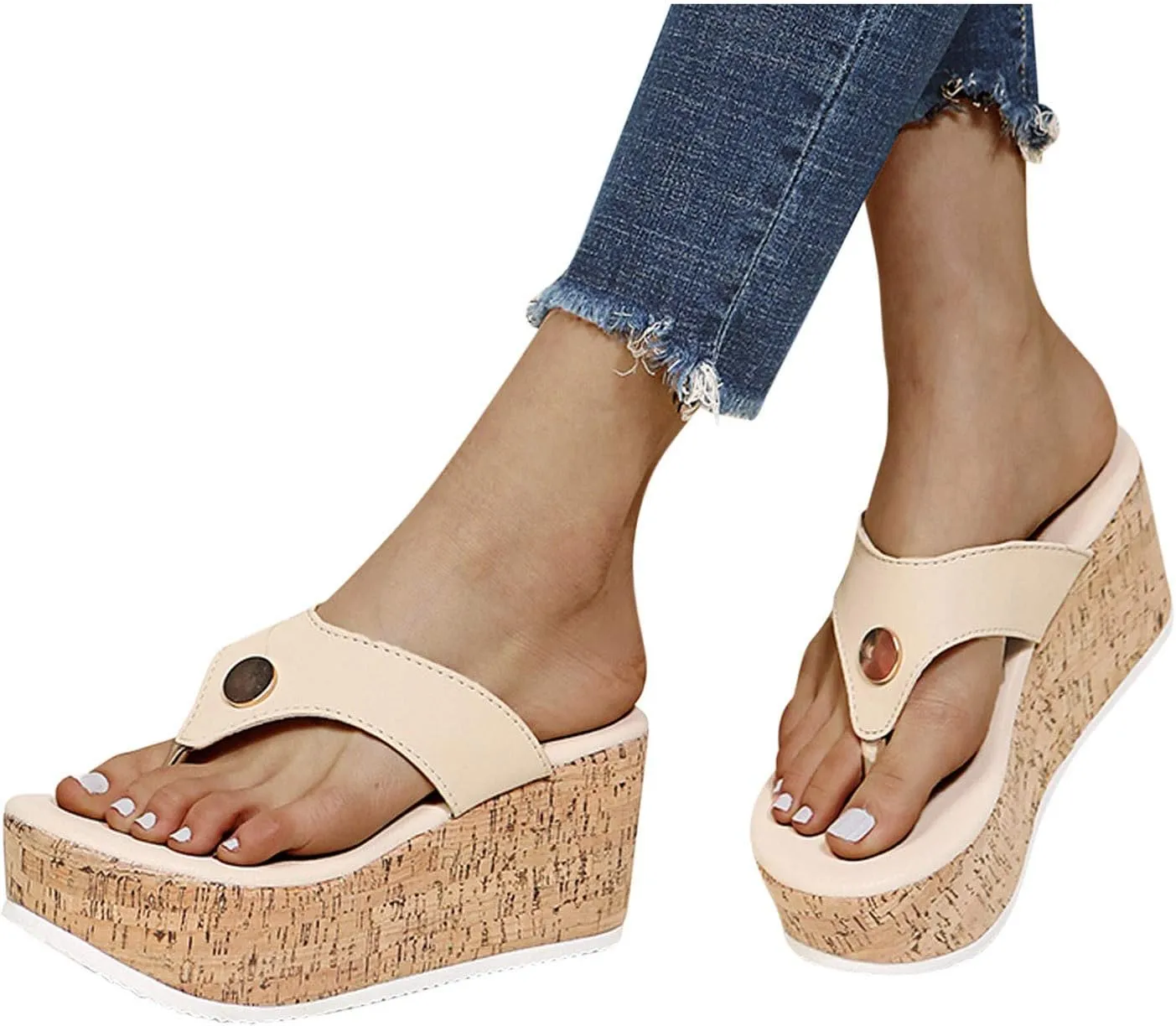 Beach Sandals for Women Summer Casual Wedge Thong Sandal Slip On Platform Flip Flops Comfortable Walking Shoes