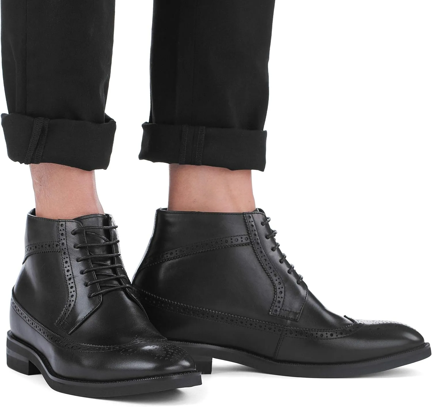 CALTO Men's Invisible Height Increasing Elevator Shoes - Black Premium Leather Lace-up Wing-Tip Dress Boots - 3.2 Inches Taller - S27001 - Size 10 D(M) US