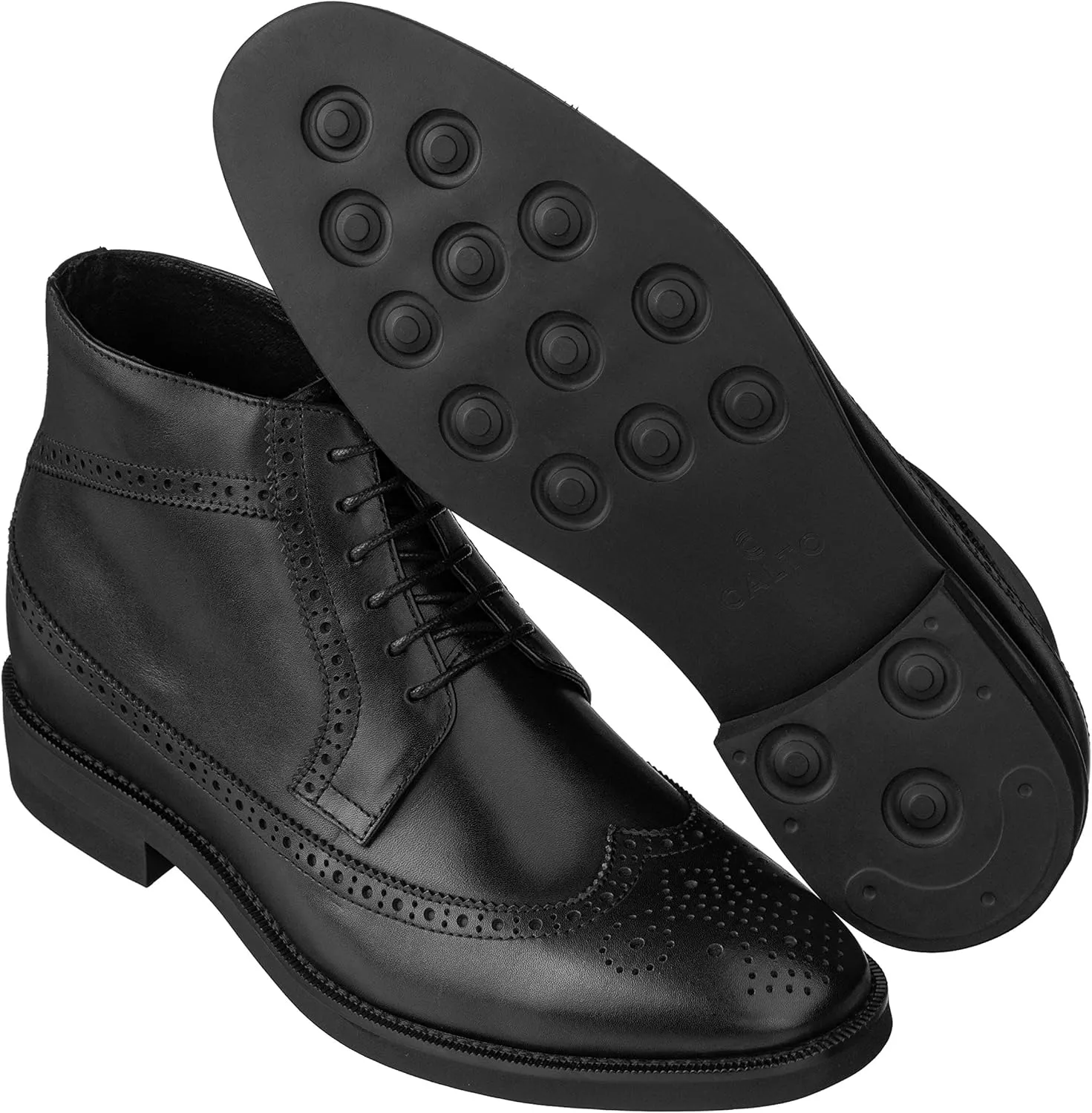 CALTO Men's Invisible Height Increasing Elevator Shoes - Black Premium Leather Lace-up Wing-Tip Dress Boots - 3.2 Inches Taller - S27001 - Size 10 D(M) US