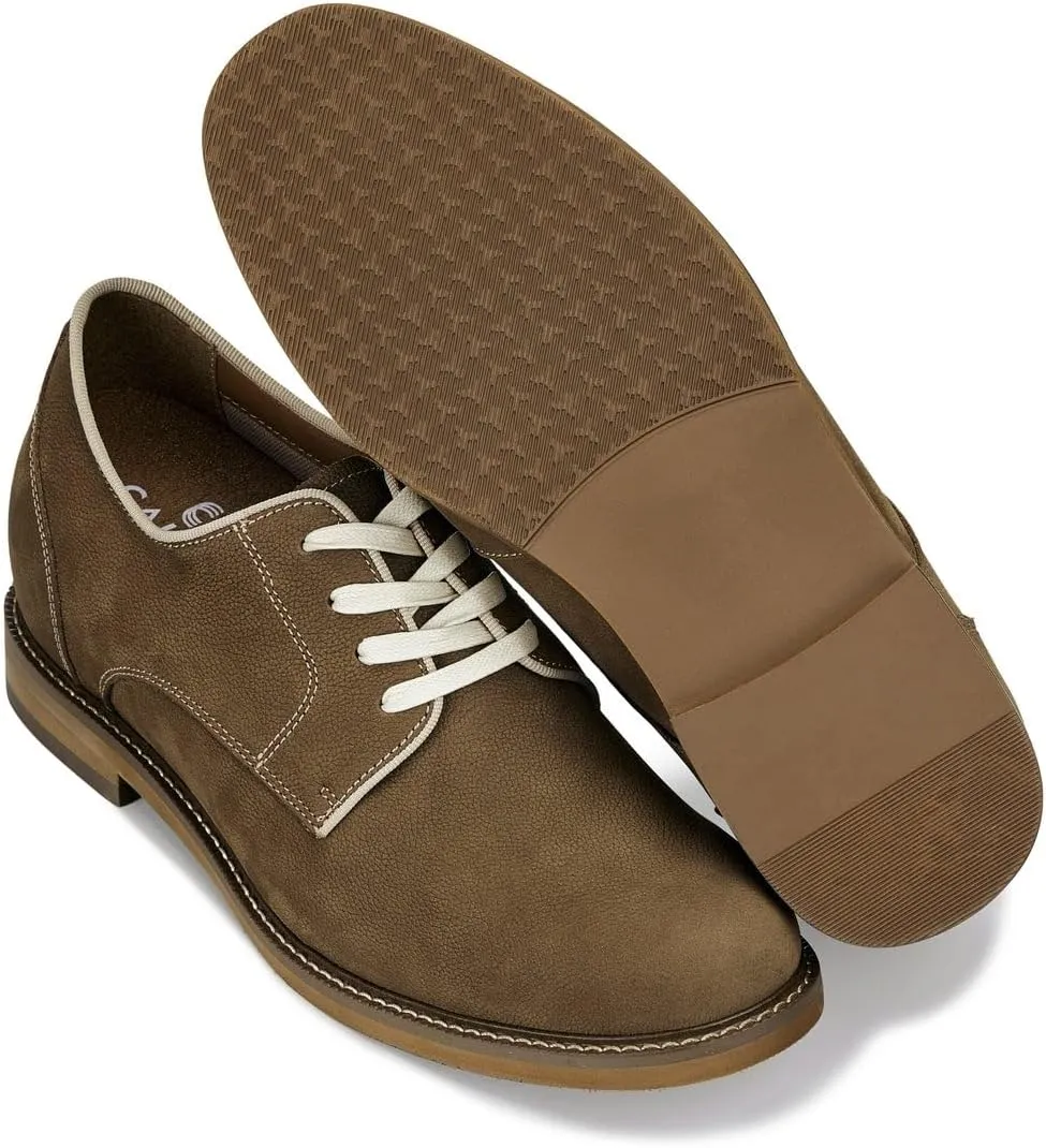 CALTO Men's Invisible Height Increasing Elevator Shoes - Khaki Brown Lace-up Premium Leather Casual Derby - 3 Inches Taller - J1312 - Size 9 D(M) US