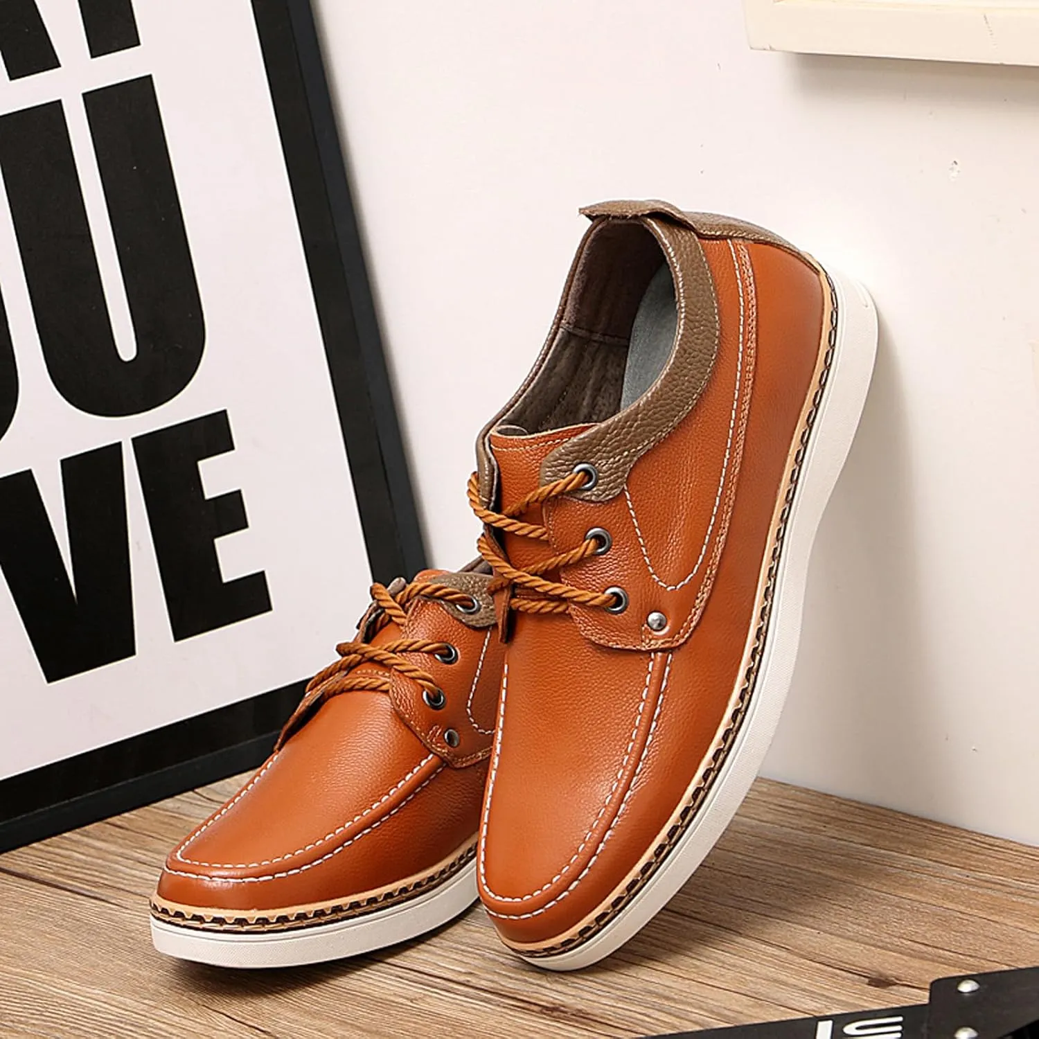CERYTHRINA Men's Invisible Height Increasing Elevator Shoes Fashion Lace-up Leather Oxford Sports Shoes Casual Dress Shoes