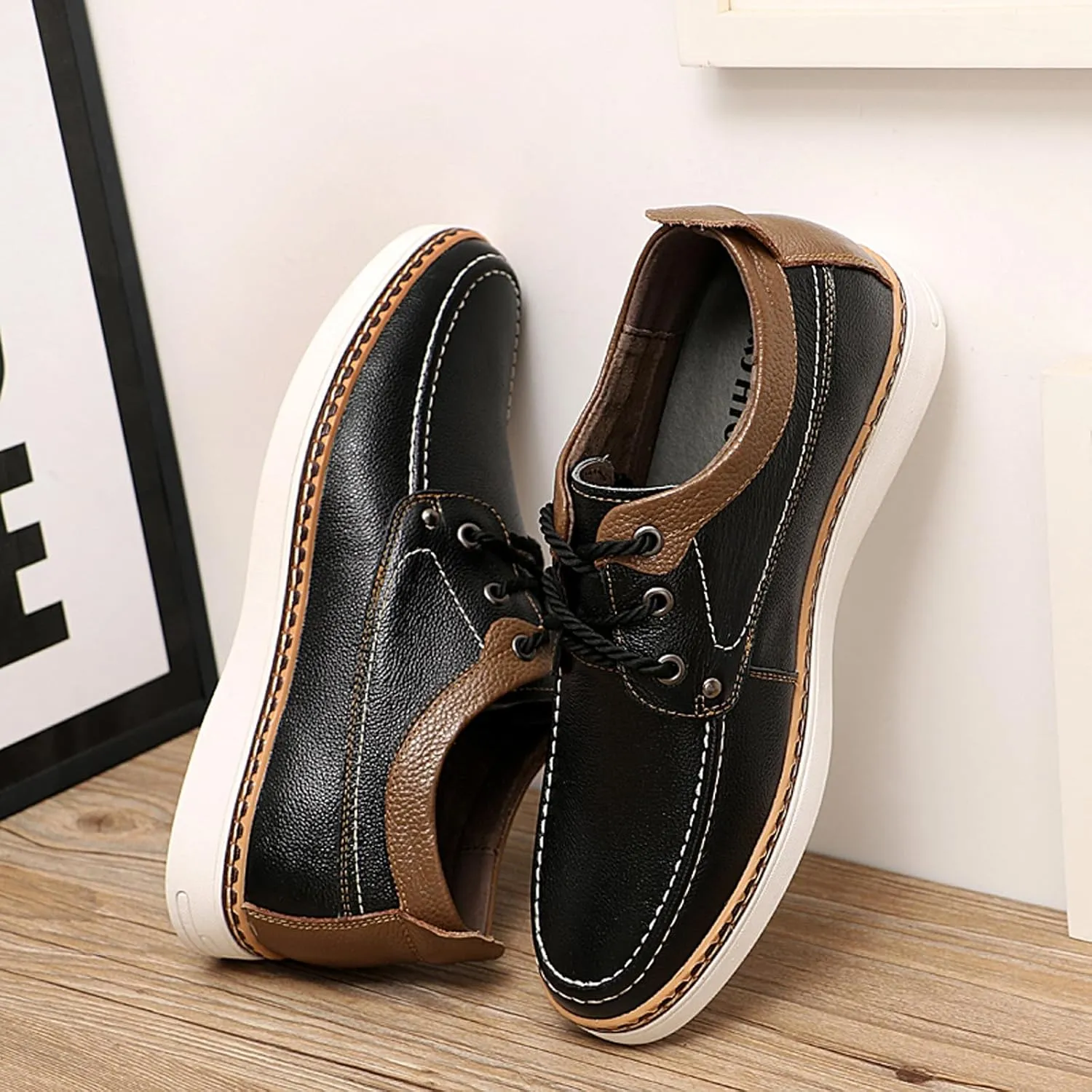 CERYTHRINA Men's Invisible Height Increasing Elevator Shoes Fashion Lace-up Leather Oxford Sports Shoes Casual Dress Shoes