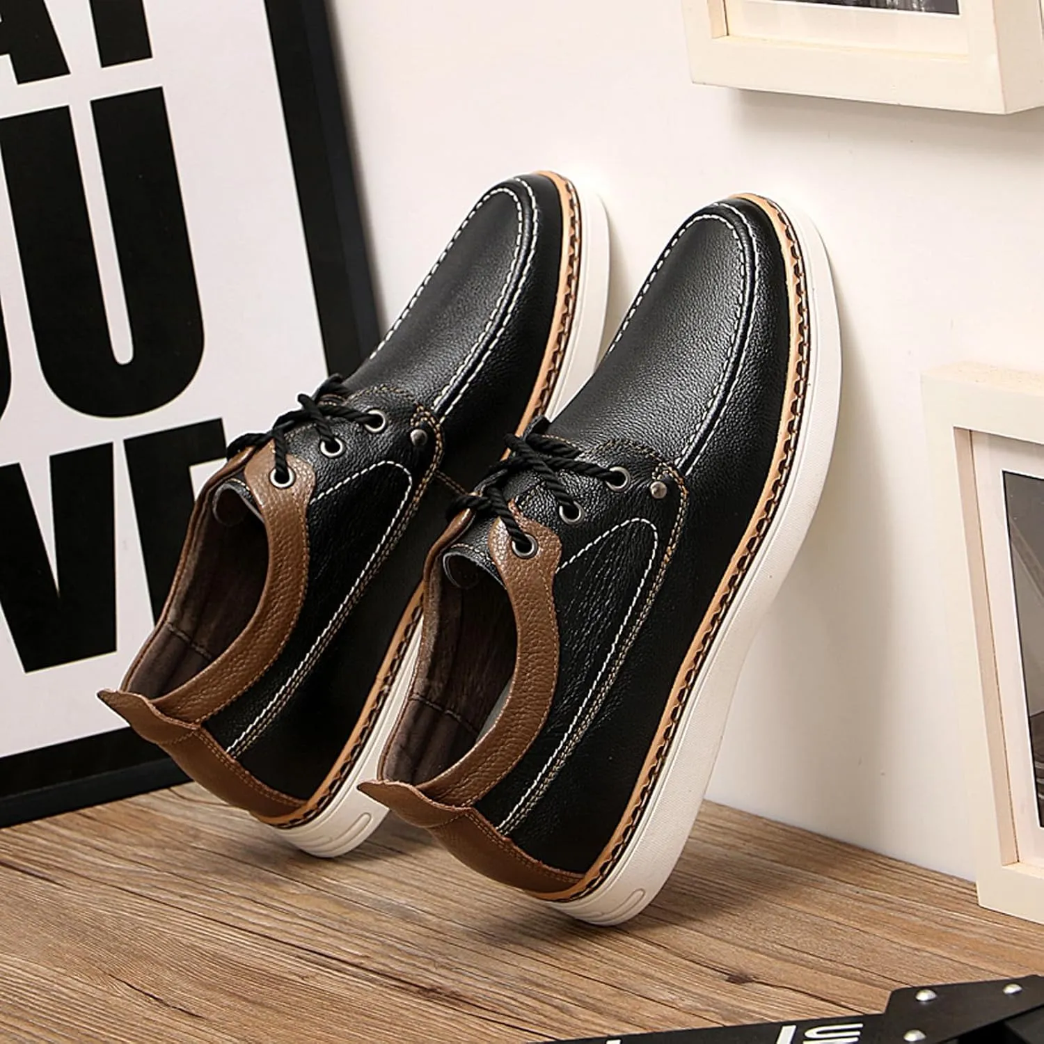 CERYTHRINA Men's Invisible Height Increasing Elevator Shoes Fashion Lace-up Leather Oxford Sports Shoes Casual Dress Shoes