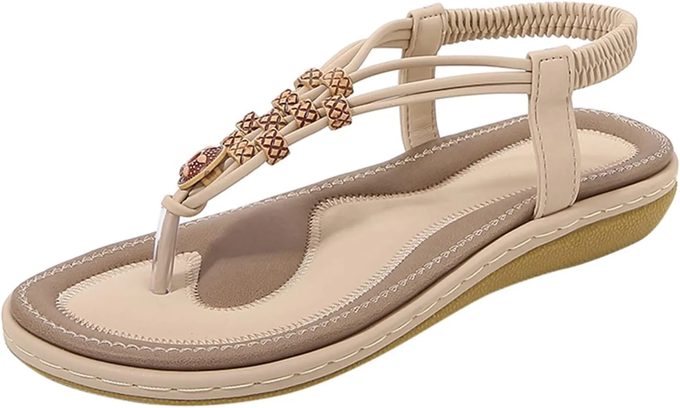 Comfortable Sandals for Women Ankle Elastic Strap Summer Dress Thong Sandal Bohemian Beaded Casual Slip On Sandalias