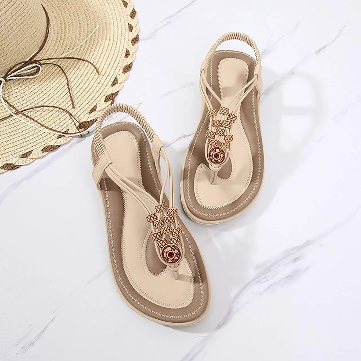 Comfortable Sandals for Women Ankle Elastic Strap Summer Dress Thong Sandal Bohemian Beaded Casual Slip On Sandalias