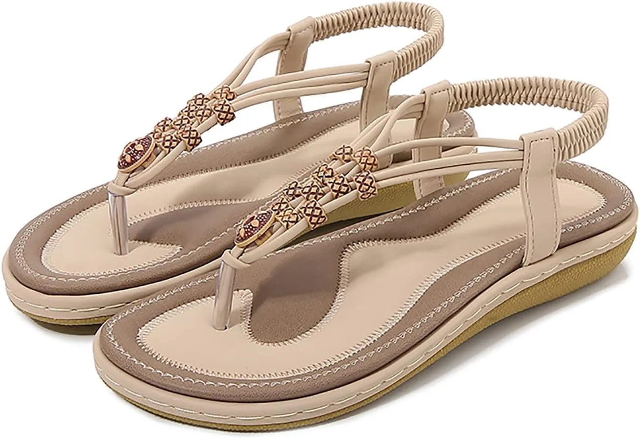 Comfortable Sandals for Women Ankle Elastic Strap Summer Dress Thong Sandal Bohemian Beaded Casual Slip On Sandalias