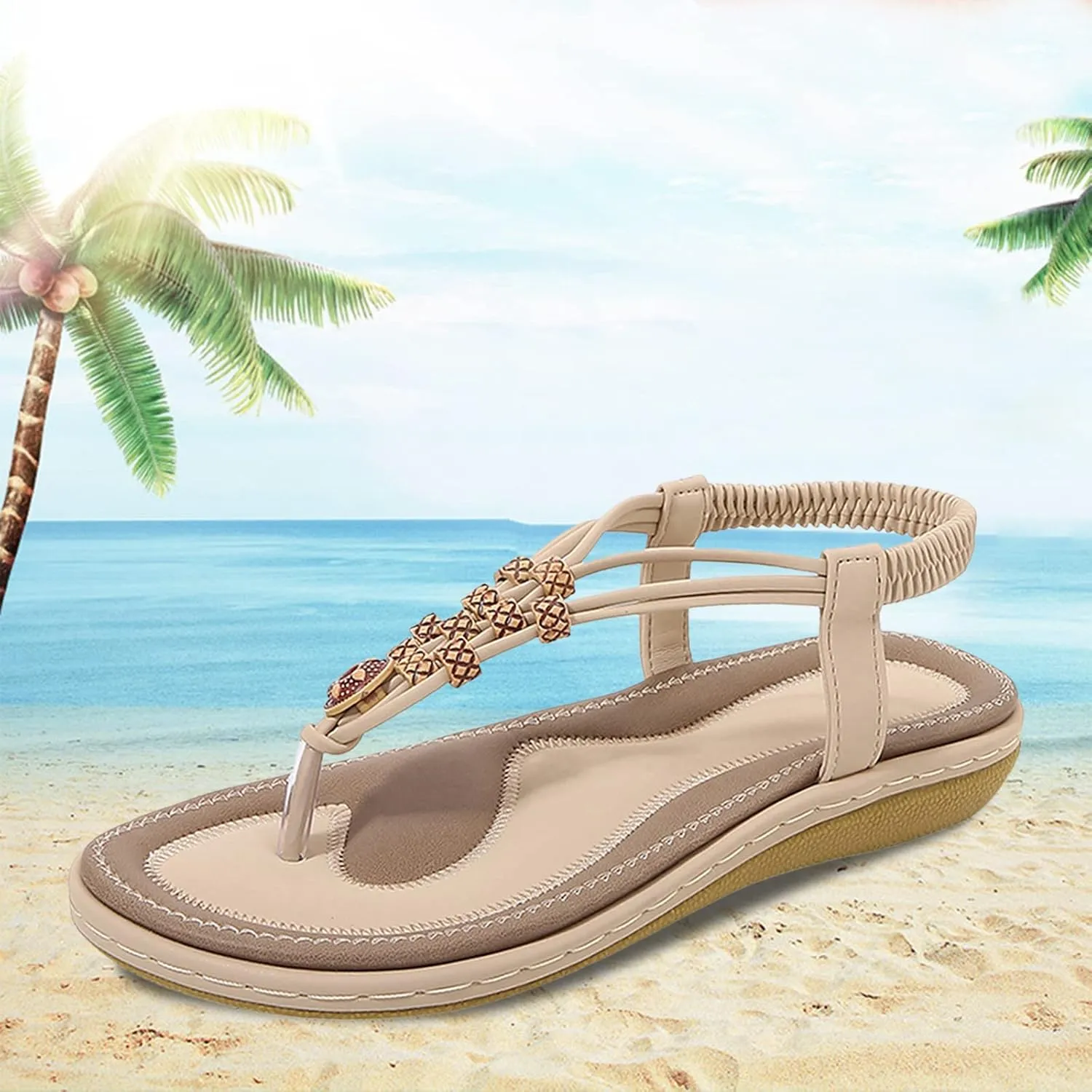 Comfortable Sandals for Women Ankle Elastic Strap Summer Dress Thong Sandal Bohemian Beaded Casual Slip On Sandalias