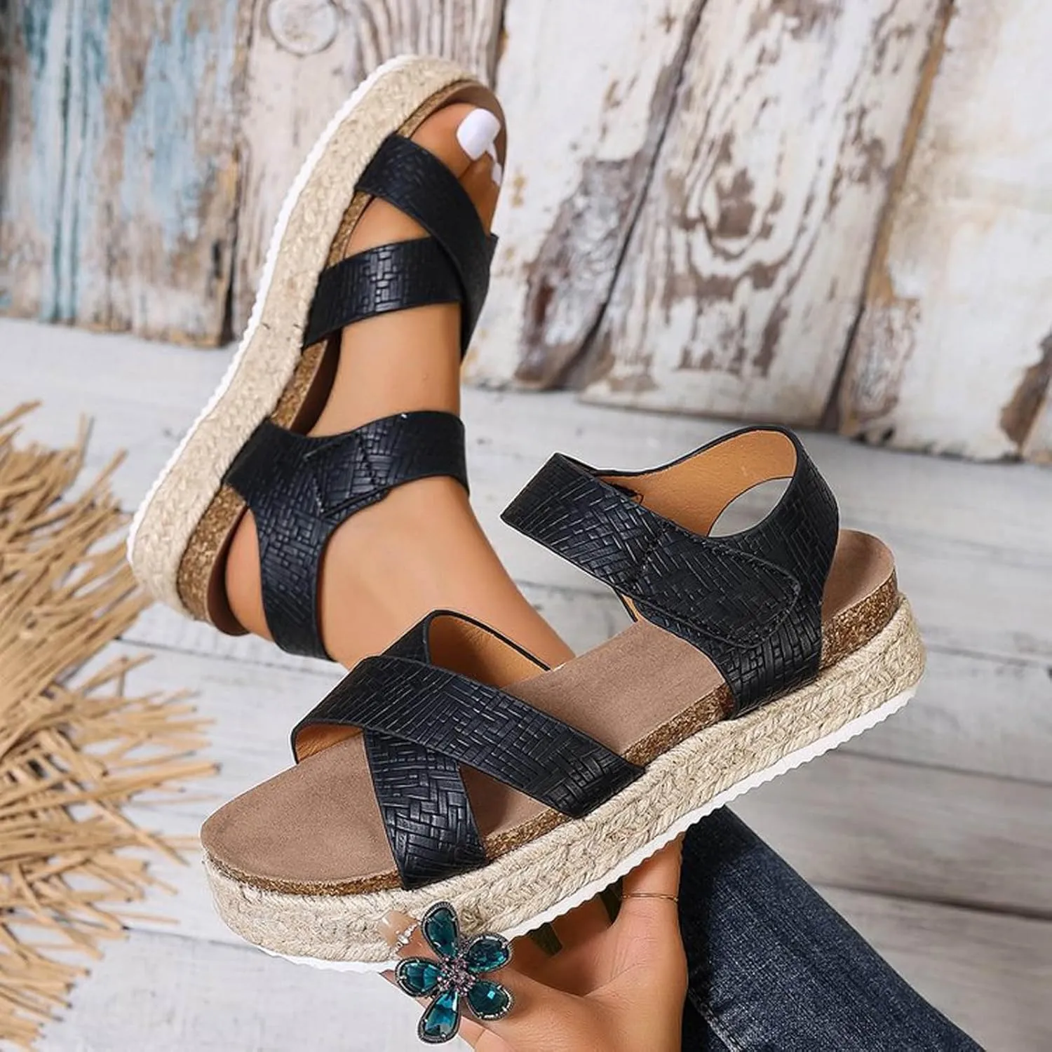 Comfortable Sandals for Women Espadrilles Platforms Open Toe Ankle Strap Wedge Sandals Slip On Casual Summer Shoes
