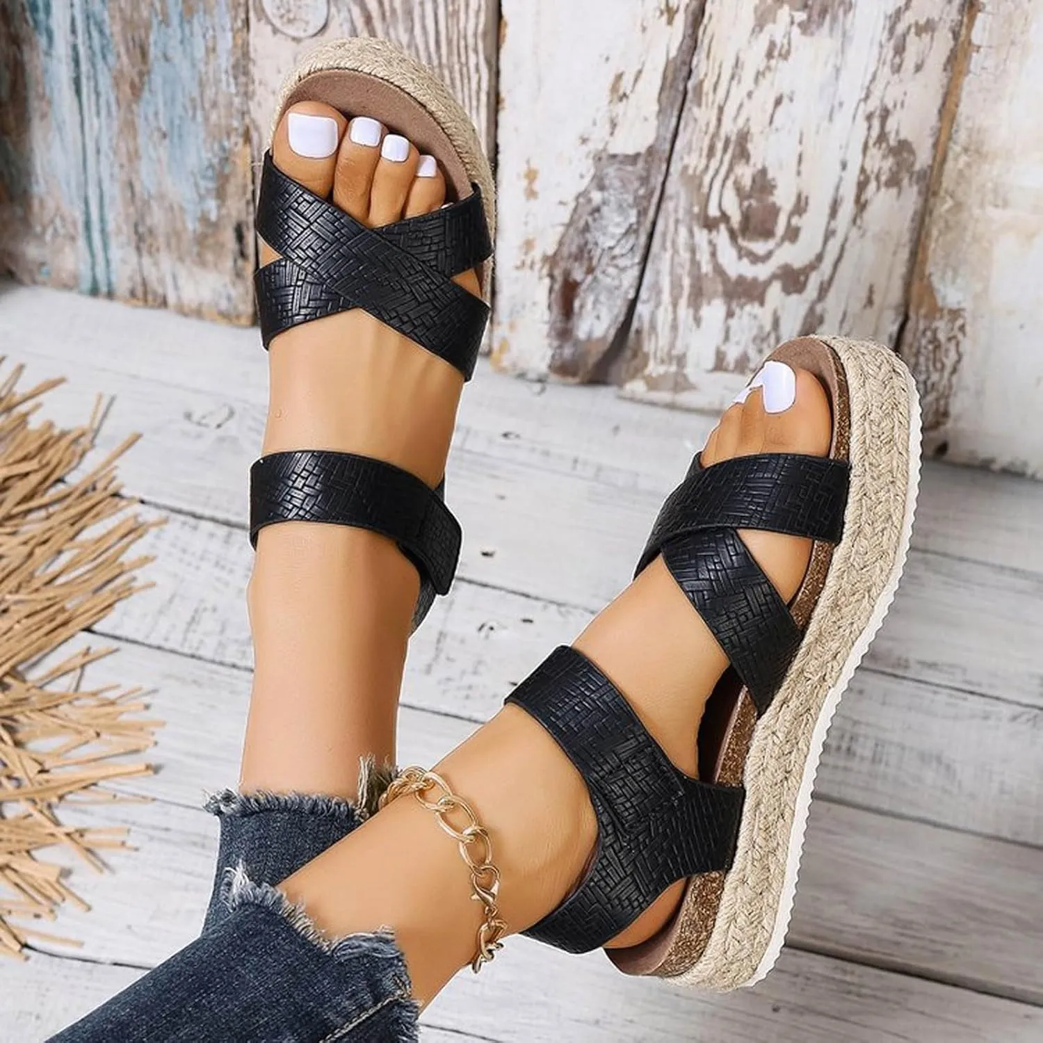 Comfortable Sandals for Women Espadrilles Platforms Open Toe Ankle Strap Wedge Sandals Slip On Casual Summer Shoes