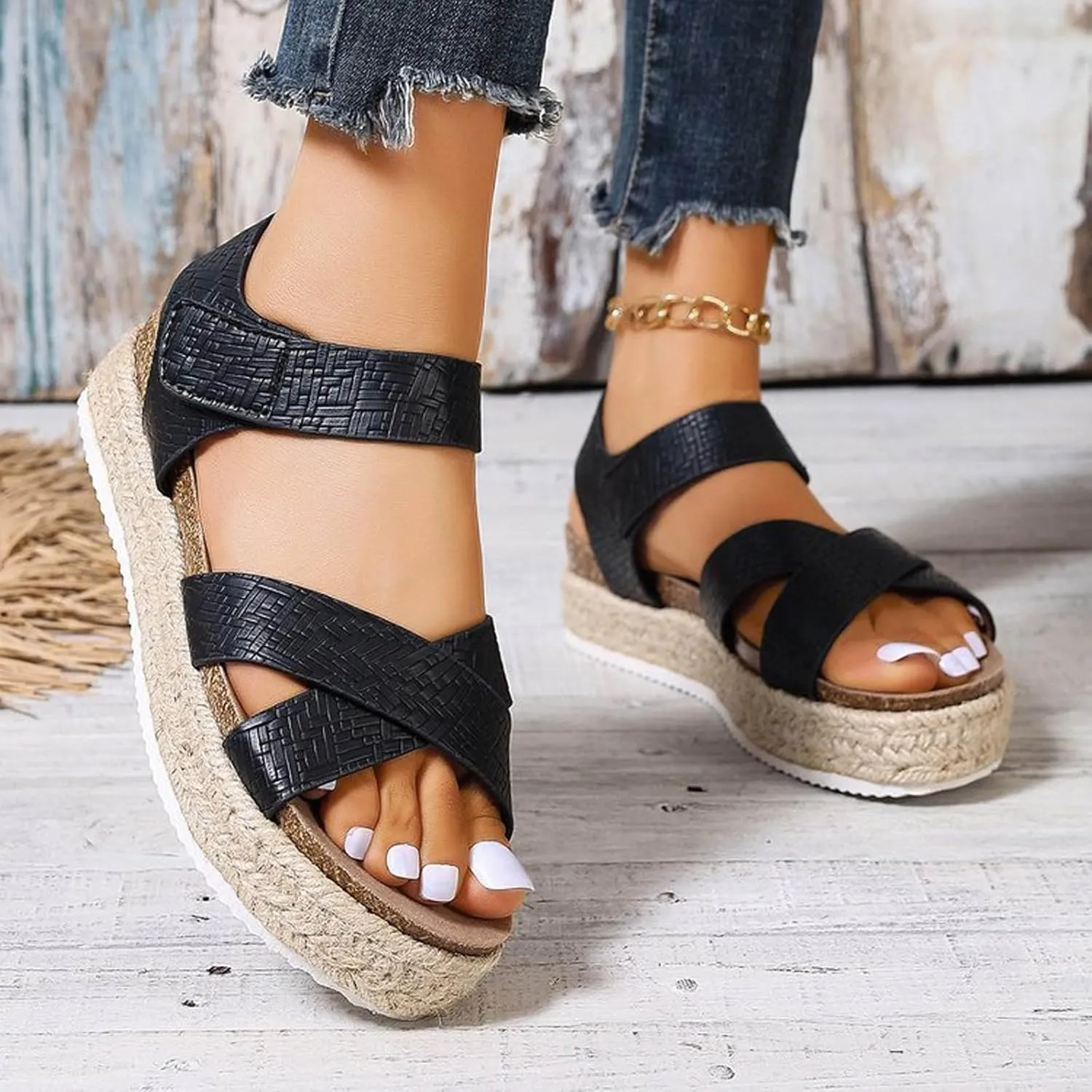 Comfortable Sandals for Women Espadrilles Platforms Open Toe Ankle Strap Wedge Sandals Slip On Casual Summer Shoes