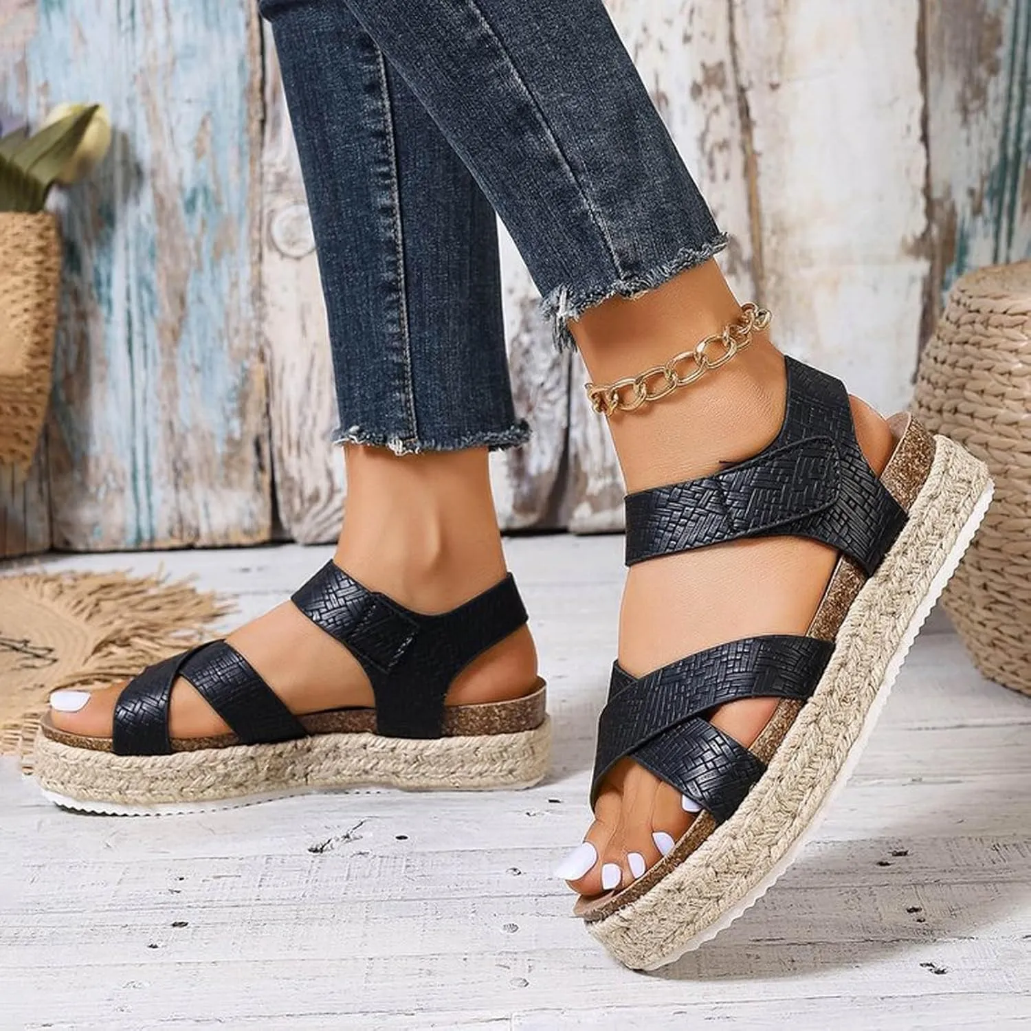 Comfortable Sandals for Women Espadrilles Platforms Open Toe Ankle Strap Wedge Sandals Slip On Casual Summer Shoes