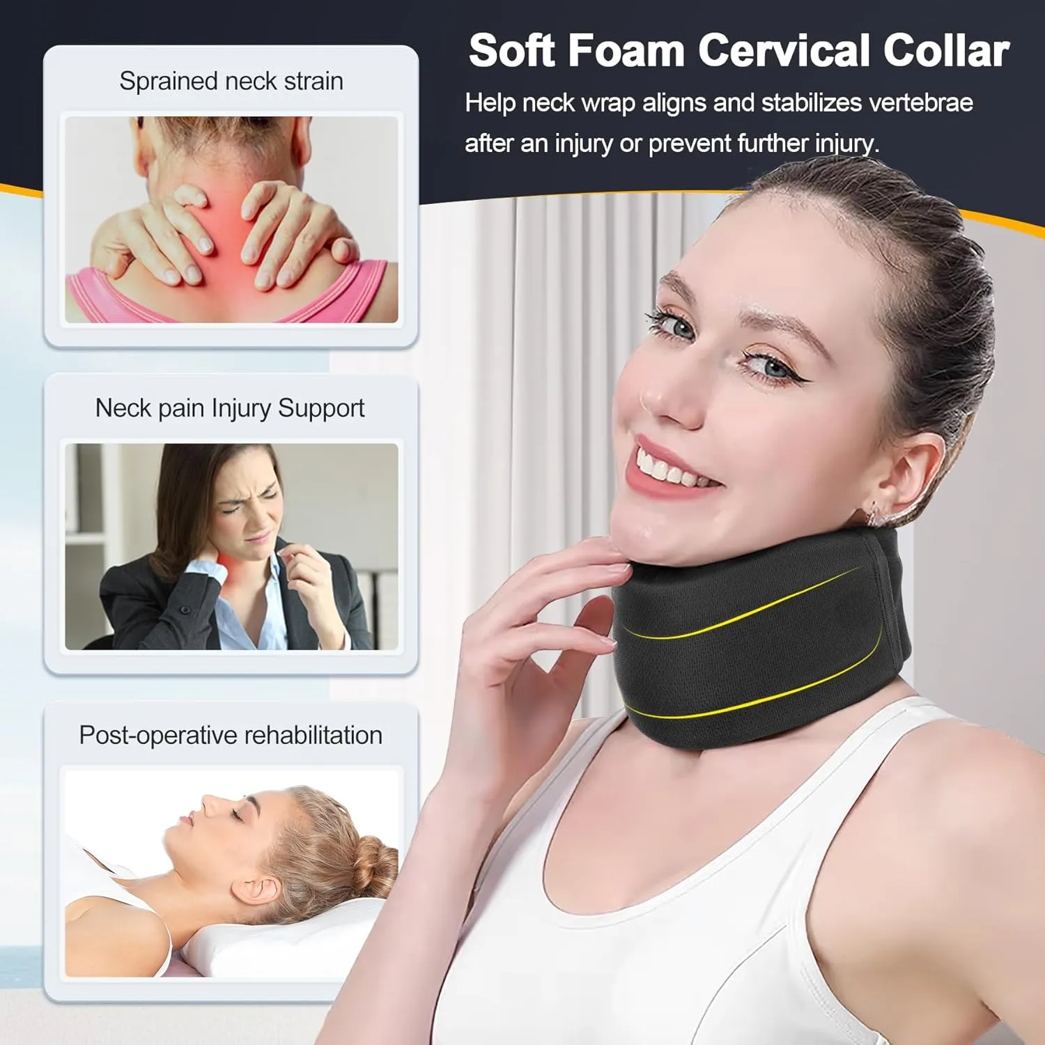 CozyHealth Neck Brace for Neck Pain and Support, Soft Neck Support Relieves Pain & Pressure in Spine for Women & Men, Wrap Align Stabilize Vertebrae Foam Cervical Collar for Sleeping (Black, S, 3" Middle Height)