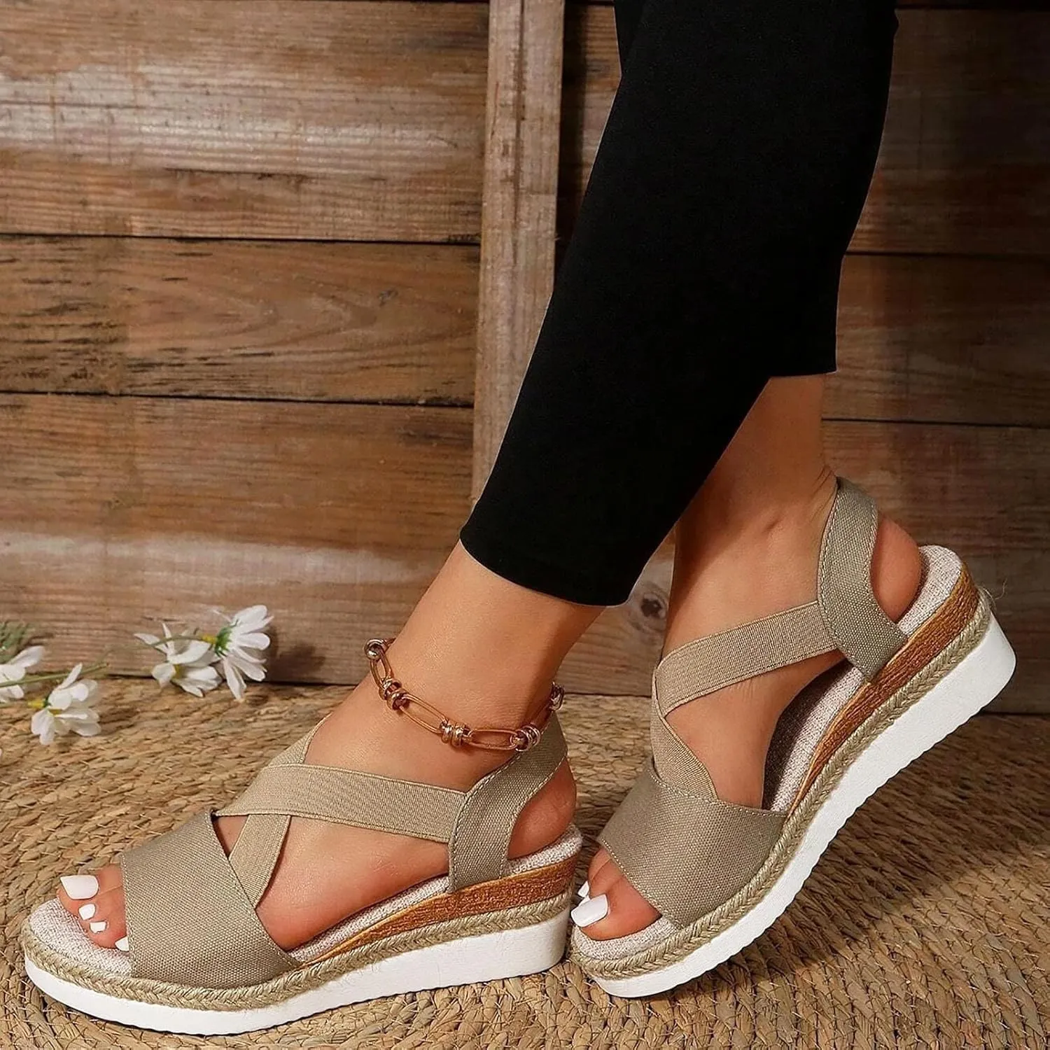 Espadrille Wedge Sandals for Women Slip on Cross Bands Platform Heels Braided Summer Open Toe Casual Sandal Shoes