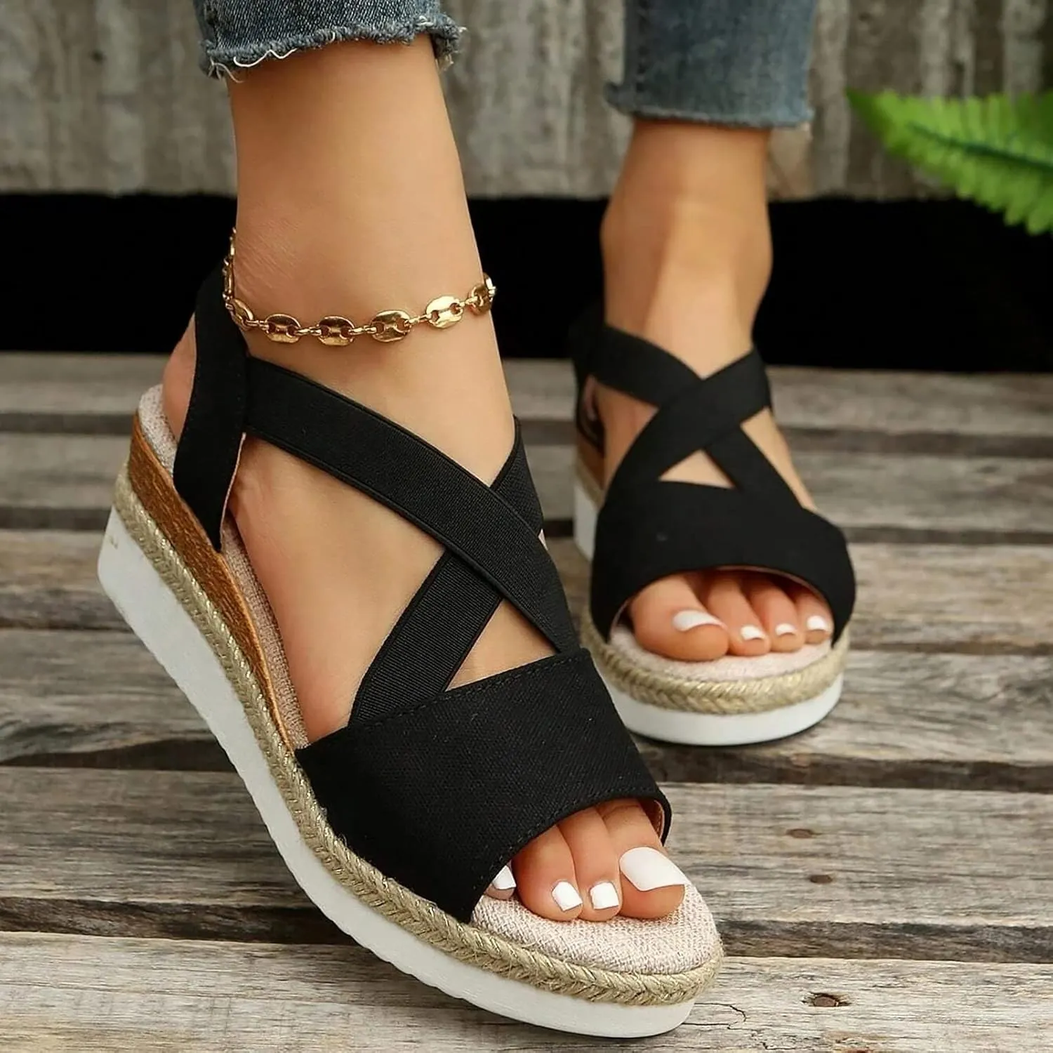 Espadrille Wedge Sandals for Women Slip on Cross Bands Platform Heels Braided Summer Open Toe Casual Sandal Shoes