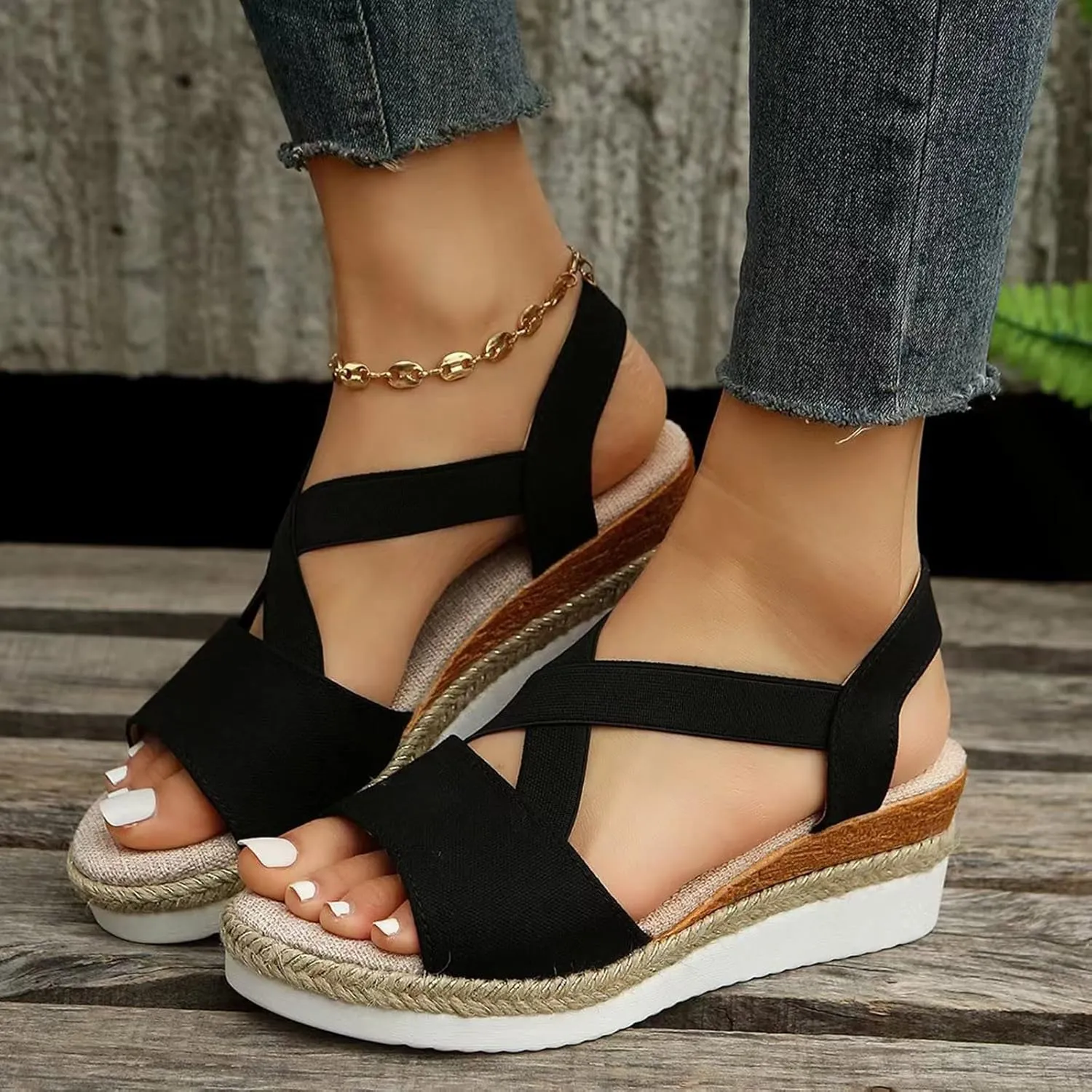 Espadrille Wedge Sandals for Women Slip on Cross Bands Platform Heels Braided Summer Open Toe Casual Sandal Shoes