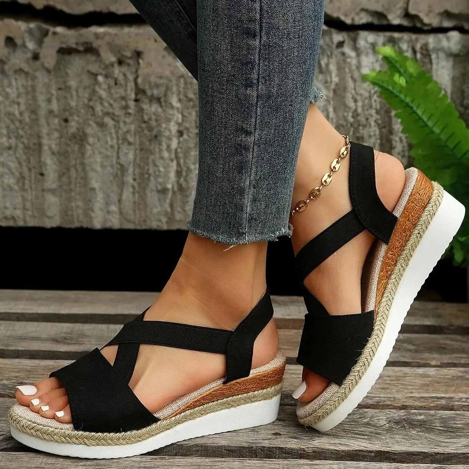Espadrille Wedge Sandals for Women Slip on Cross Bands Platform Heels Braided Summer Open Toe Casual Sandal Shoes