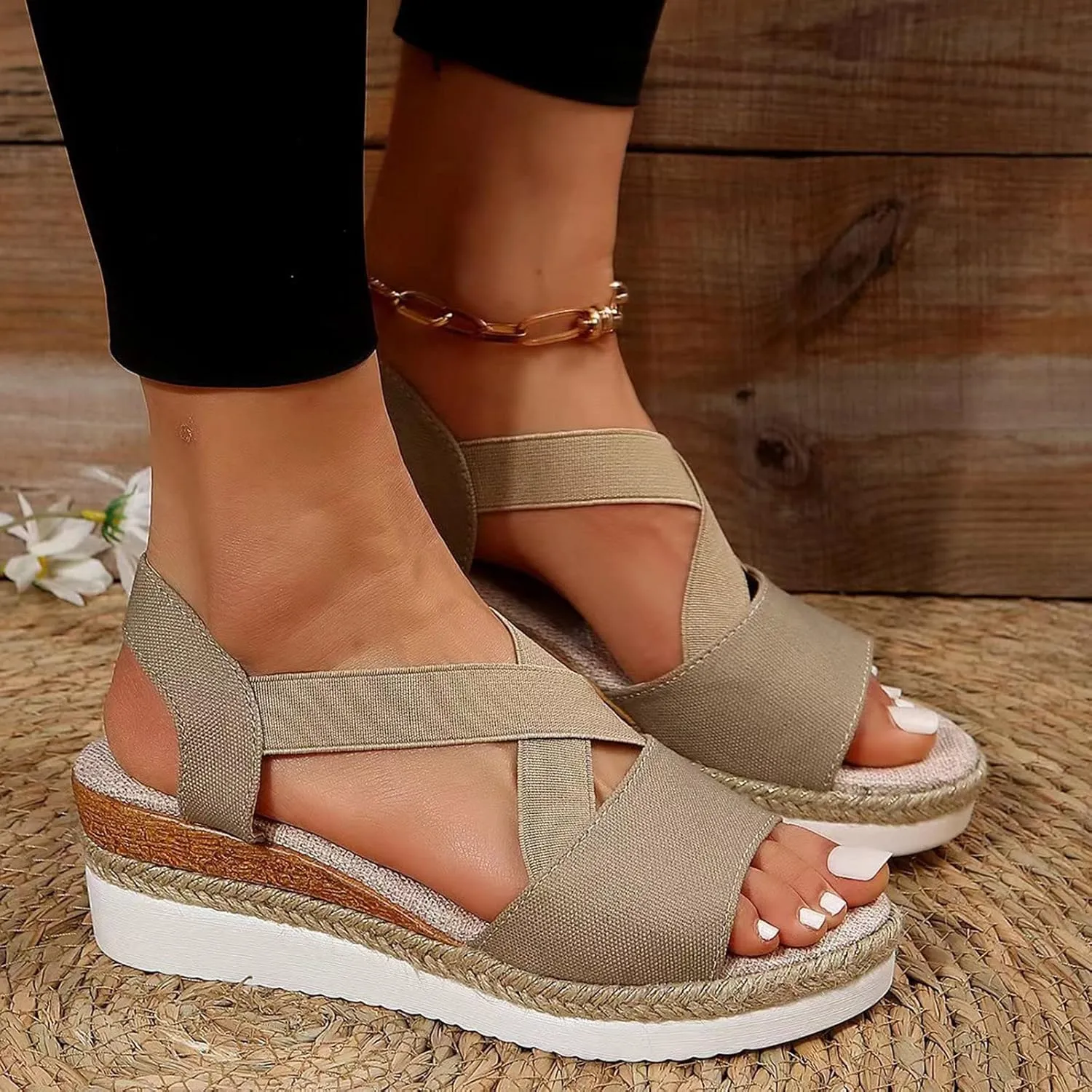 Espadrille Wedge Sandals for Women Slip on Cross Bands Platform Heels Braided Summer Open Toe Casual Sandal Shoes