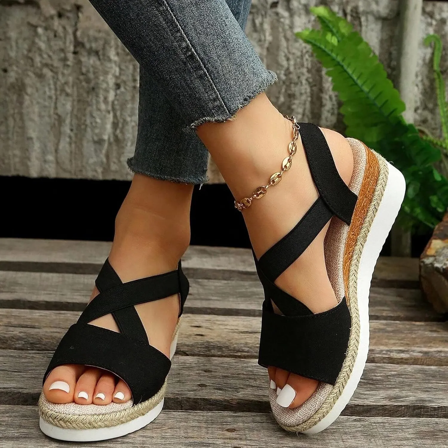 Espadrille Wedge Sandals for Women Slip on Cross Bands Platform Heels Braided Summer Open Toe Casual Sandal Shoes