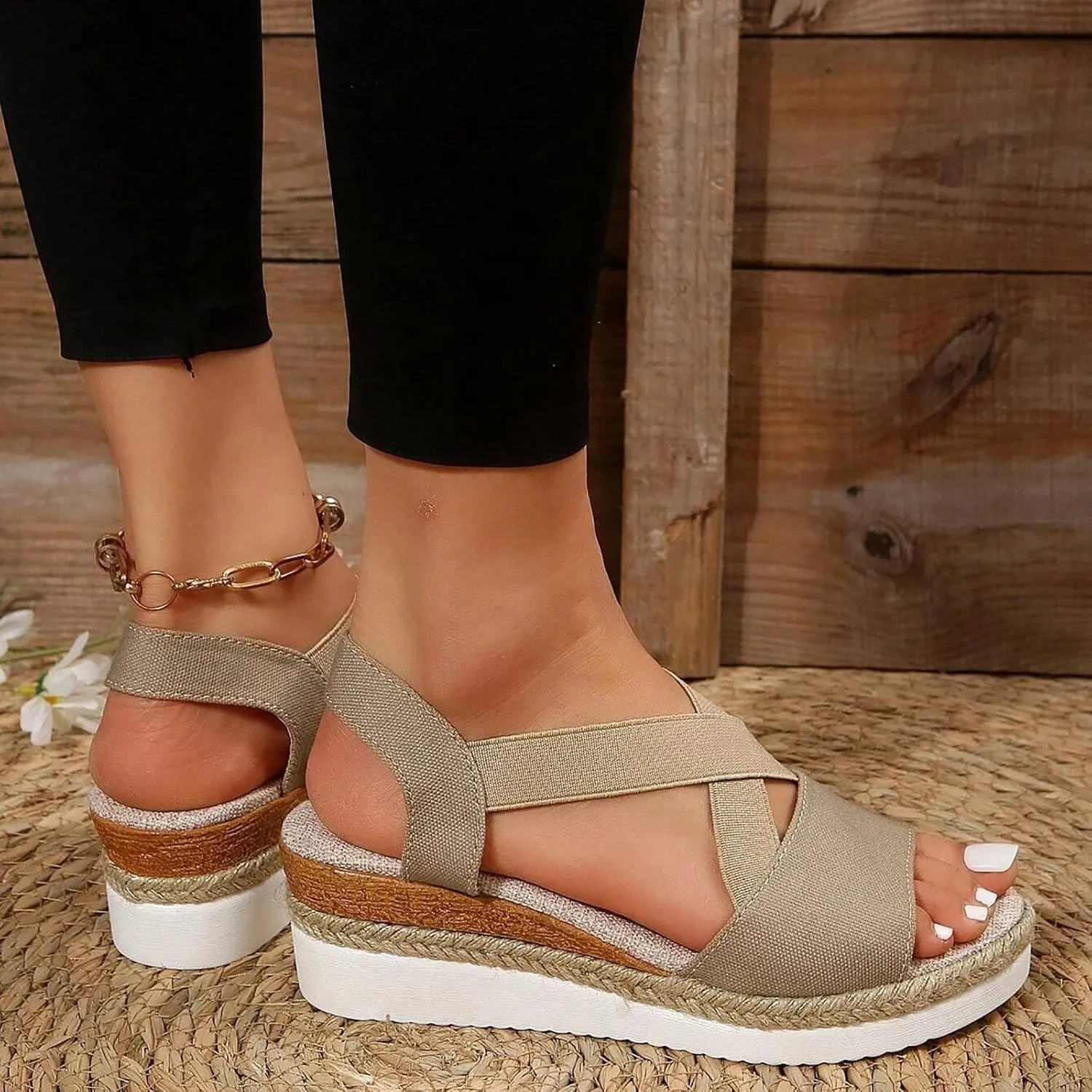 Espadrille Wedge Sandals for Women Slip on Cross Bands Platform Heels Braided Summer Open Toe Casual Sandal Shoes