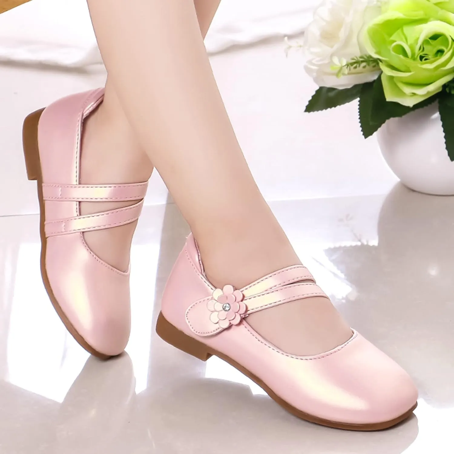 Girl's Mary Jane Rhinestone Buckle Ballerina Flats Moccasins Rubber Sole Mary Jane Crib Shoes Bow Fringe Moccasins