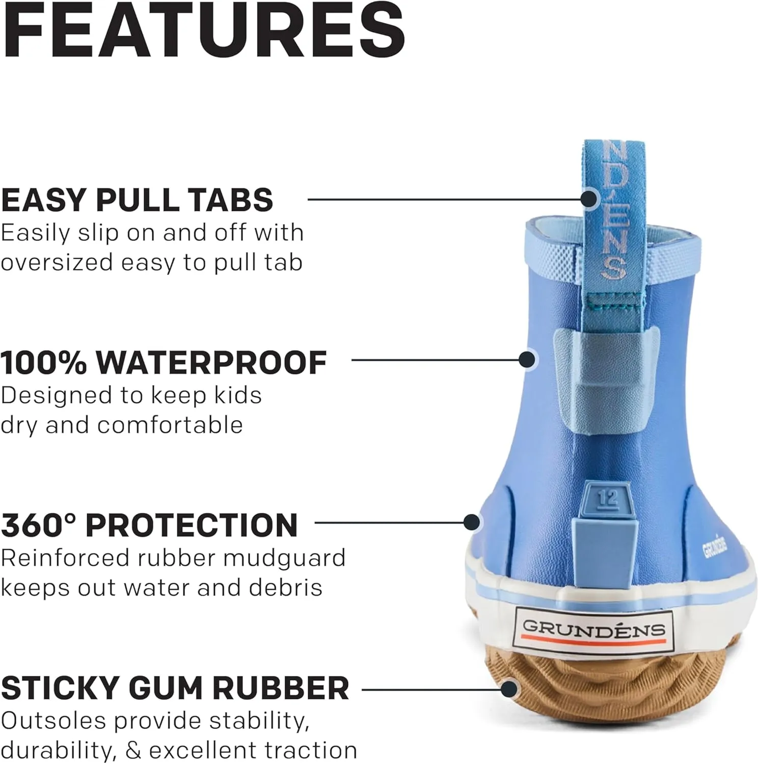 Grundns Kid's Guppy Rain Boots - Lightweight Rubber Waterproof Kids and Toddlers Shoes, Easy-On Loop, Girls Rain Boots and Boys Rain Boots