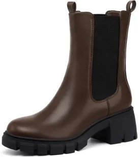 IDIFU IN2 Chelsea Ankle Boots for Women Low Short Block Chunky Heel Mid Calf Slip On Lug Sole Platform Fall Dress Booties Ladies Fashion Comfortable Casual Cute Trendy Elastic Thick Boots