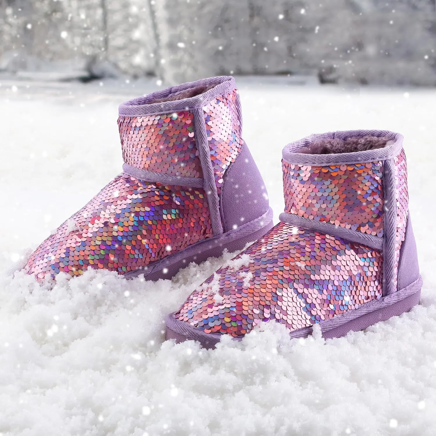K KomForme Girls Winter Boots Sparkle Sequins Warm Snow Shoes Fur Lined Lightweight Comfy (Toddler/Little Kids/Big Kids)