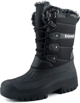 Knixmax Womens Winter Boots Waterproof Mid Calf Snow Booties Fur Lined Warm Outdoor Insulated Skiing Hiking Boots Ladies Snow Shoes Black 42 EU