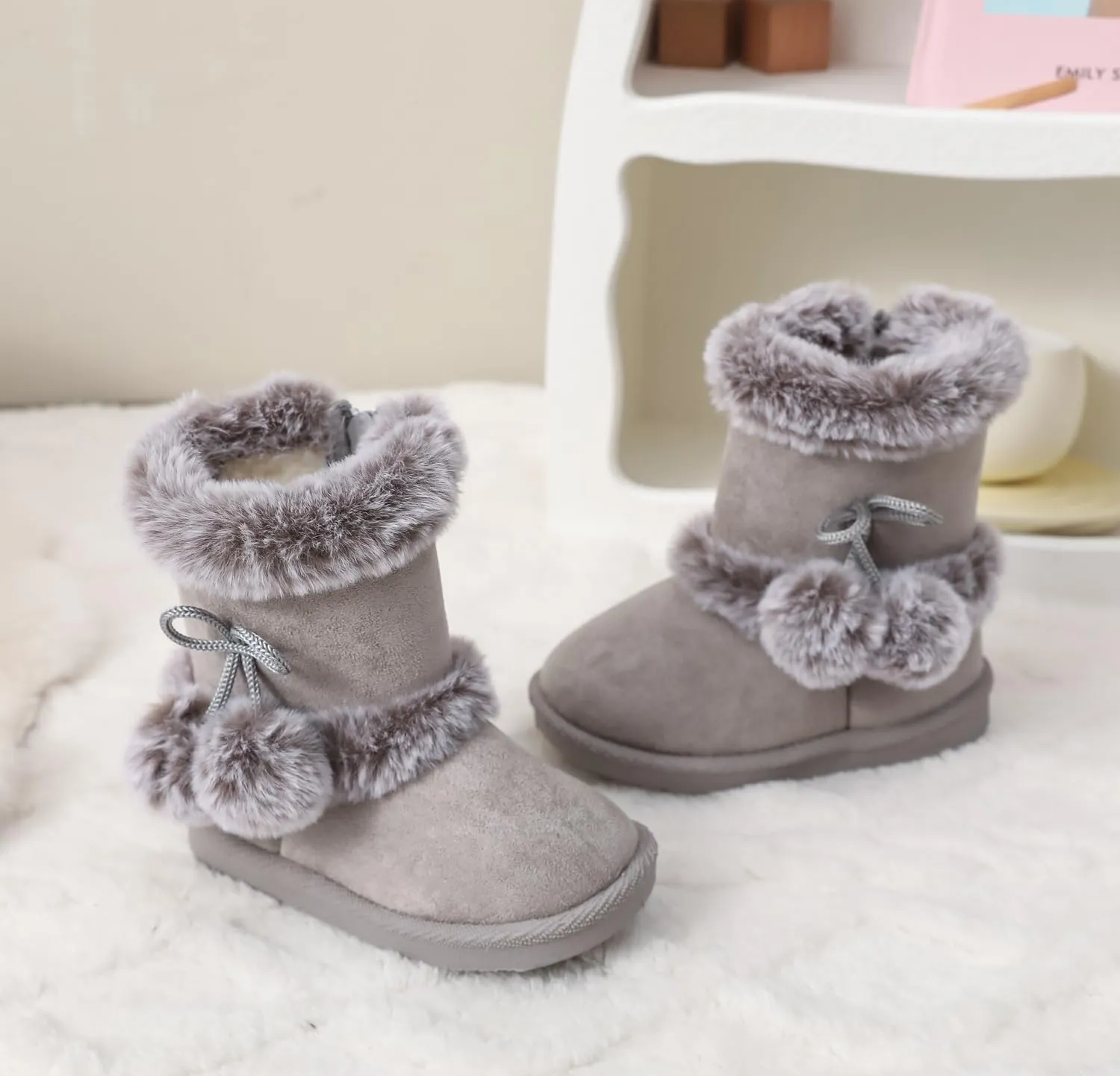 LONSOEN Kids Girls Boys Winter Warm Boots Suede Lightweight Faux Fur Lined Mid Calf Snow Boots for Toddler/Little Kid