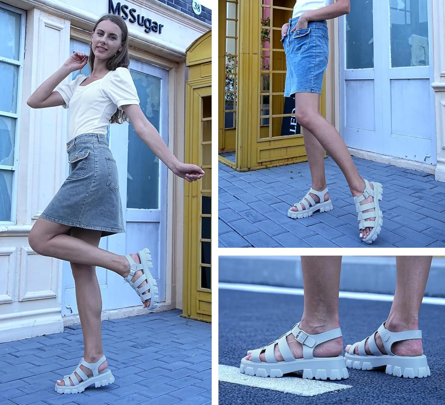 LUCKY STEP Women 's Platform Wedge Sandals Open Toe Adjustable Ankle Strap Chunky Heel