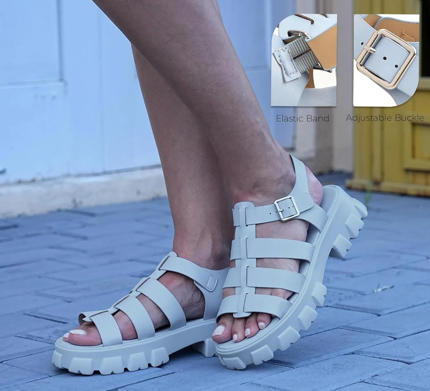 LUCKY STEP Women 's Platform Wedge Sandals Open Toe Adjustable Ankle Strap Chunky Heel
