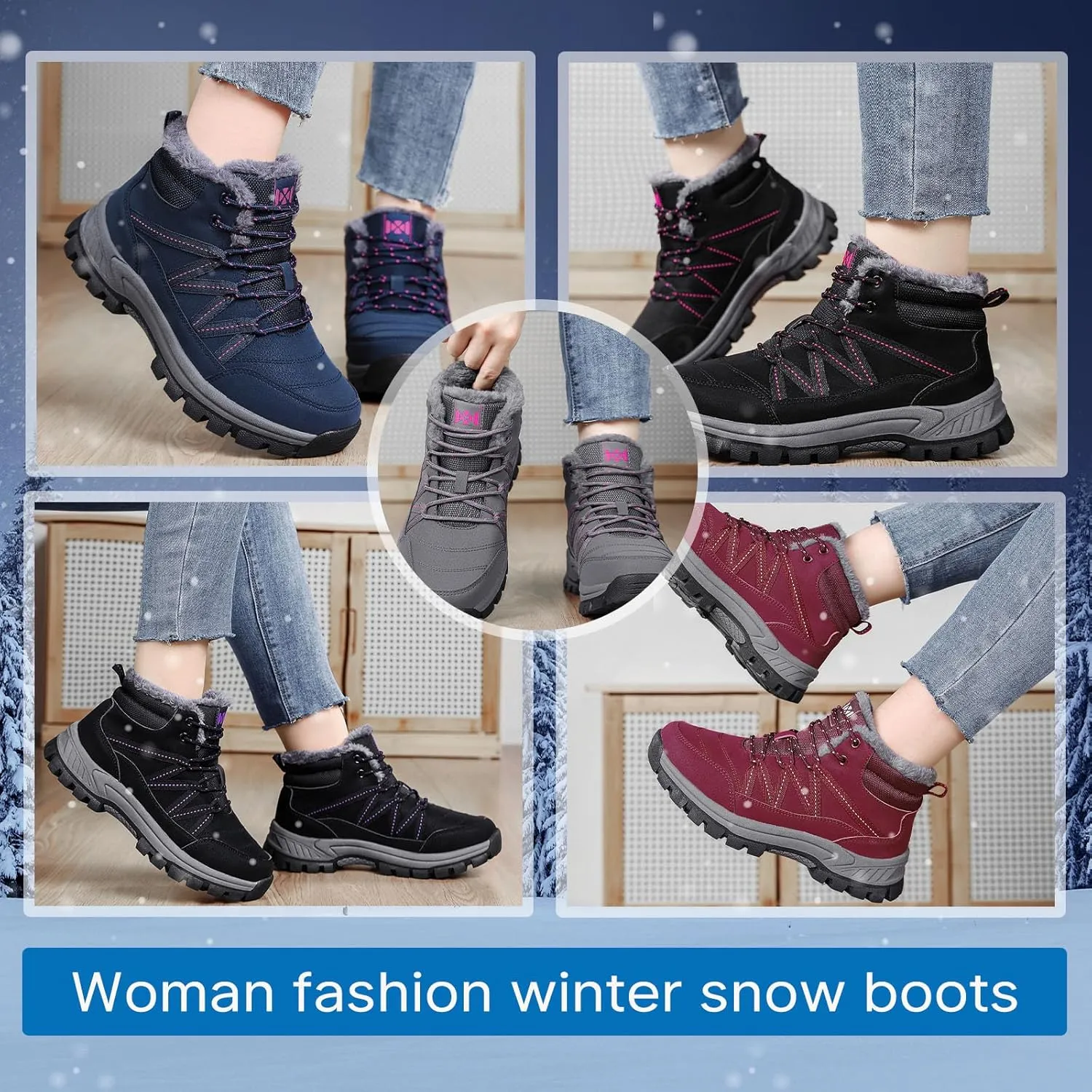 MAIZUN Womens Snow Boots Warm Fur Lined Ankle Boots Lace-Up Anti-slip Cold-Resistant Comfor Winter Boots Outdoor Walking Shoes