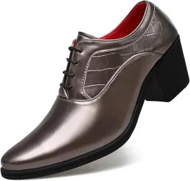 Men's Patent Leather Chunky Heel Oxford Shoes Pointed Toe Lace-up Fashion High Heels Business Work Wedding Prom Dress Derby Shoes