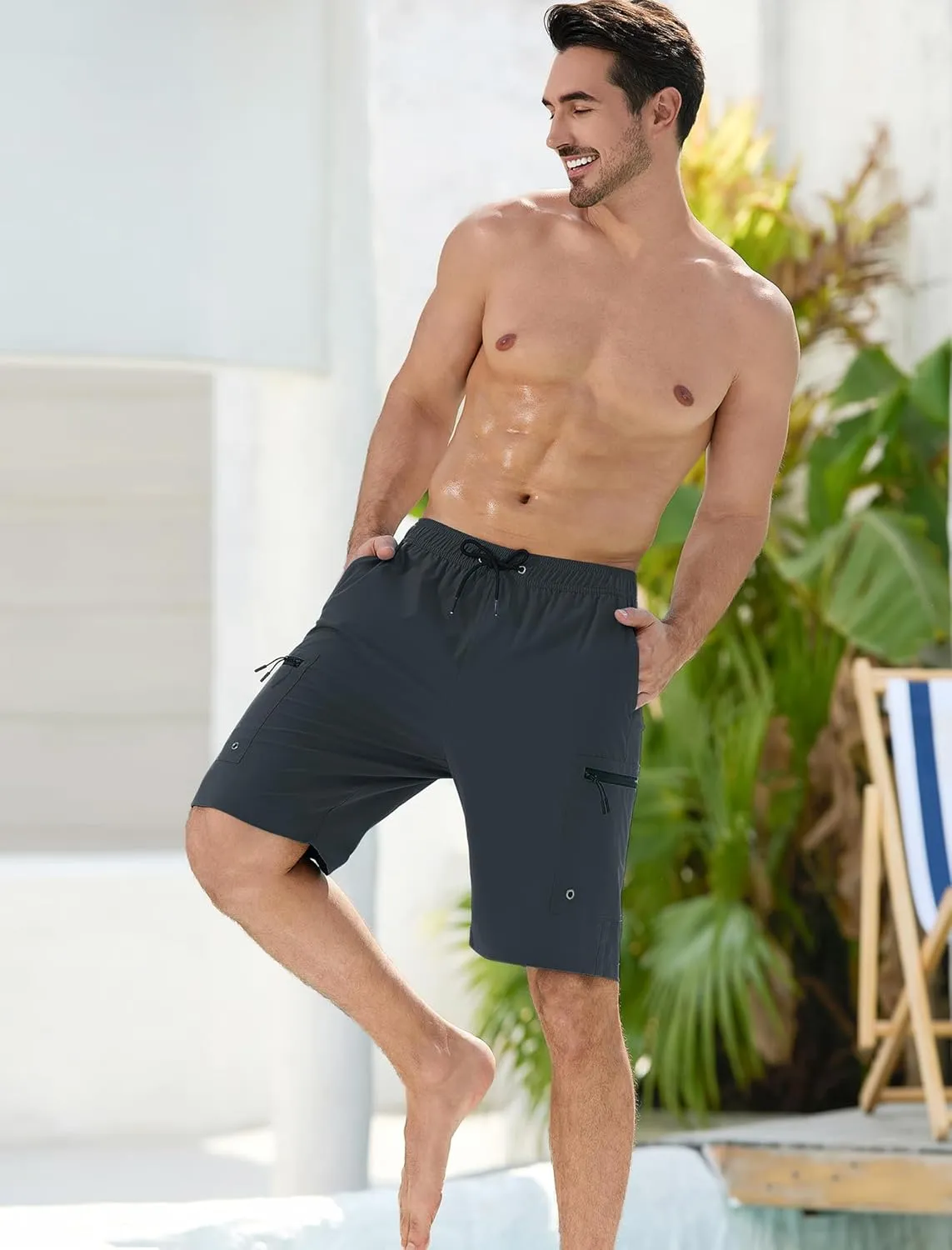 Mens Swim Trunks with Compression Liner Zipper Cargo Pockets Bathing Suit 9 Inch Quick-Dry Swimming Shorts