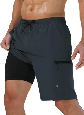 Mens Swim Trunks with Compression Liner Zipper Cargo Pockets Bathing Suit 9 Inch Quick-Dry Swimming Shorts