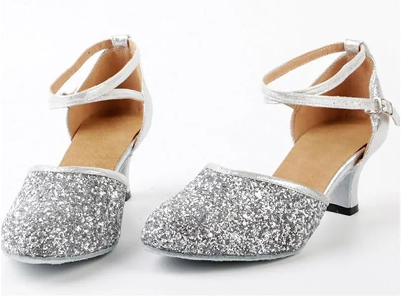 OCHENTA Women's Sequined Leather Pointed Toe Kitten Heel Latin Ballroom Dance Shoes