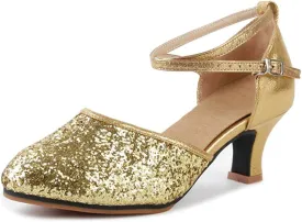 OCHENTA Women's Sequined Leather Pointed Toe Kitten Heel Latin Ballroom Dance Shoes