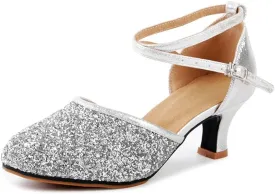 OCHENTA Women's Sequined Leather Pointed Toe Kitten Heel Latin Ballroom Dance Shoes
