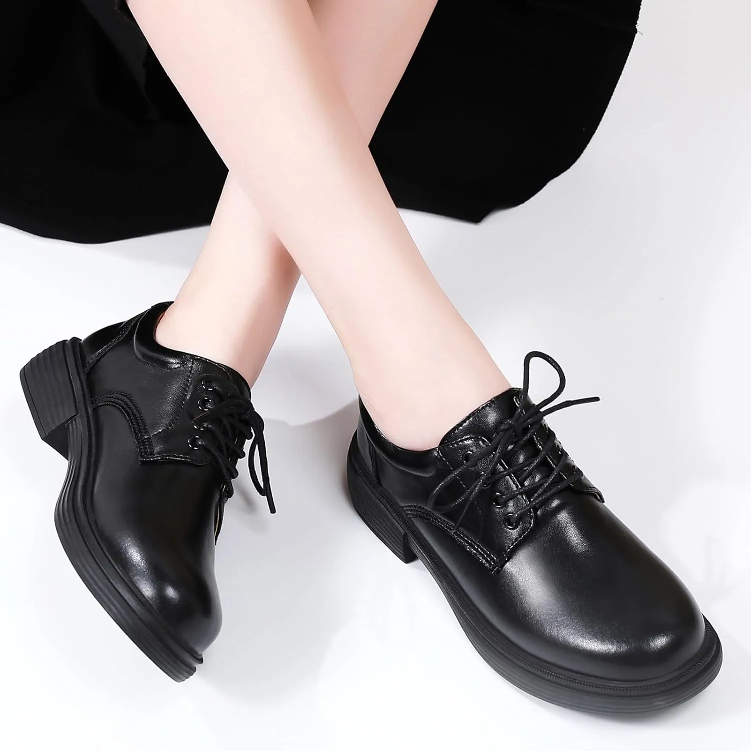 OKJ Oxford Shoes for Women, Black Womens Oxford Shoes Leather Platform Women's Oxfords Comfortable Dressy Slip On, Lace Up Loafers Casual Work Business Dress Office Oxfords Shoes