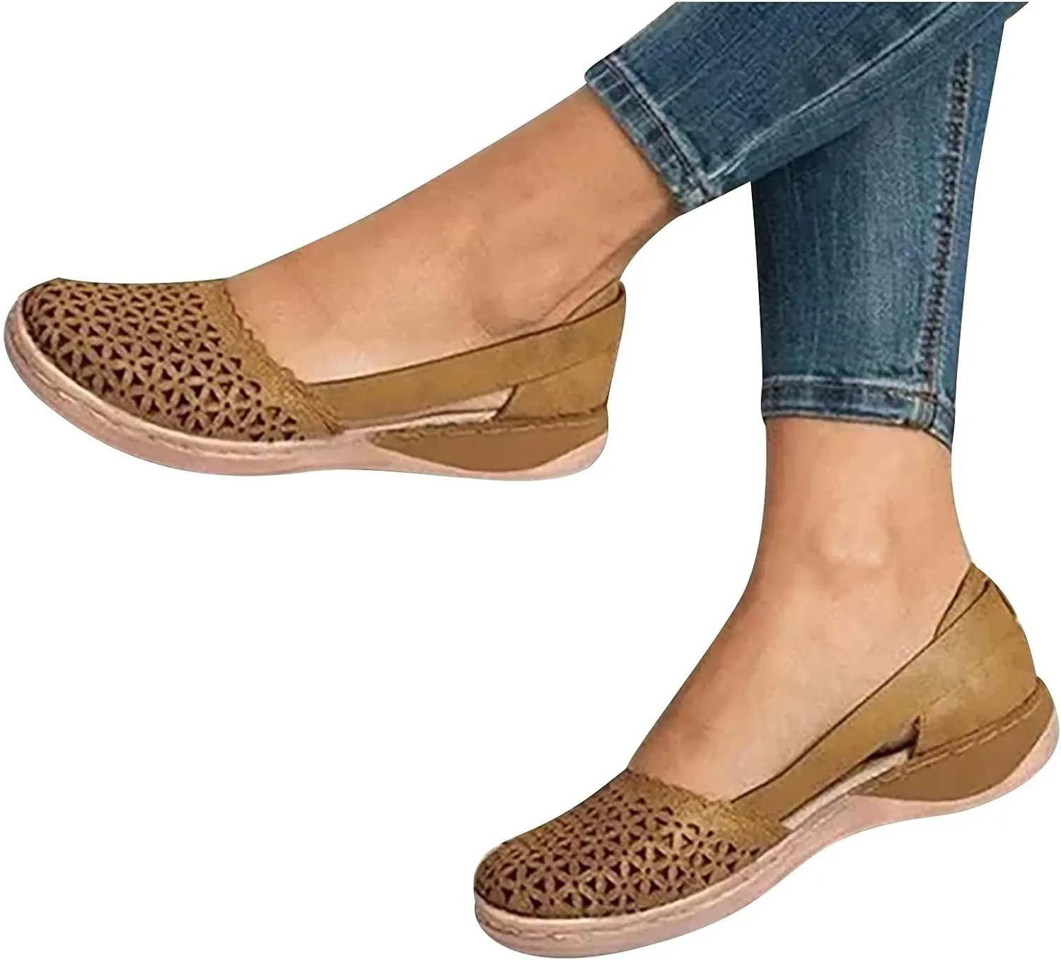 Orthopedic Sandals for Women Breathable Hollow Out Closed Toe Slip On Sandals Summer Casual Round Toe Low Heels Shoes Comfortable Non-Slip Walking Shoes Platform Sandal