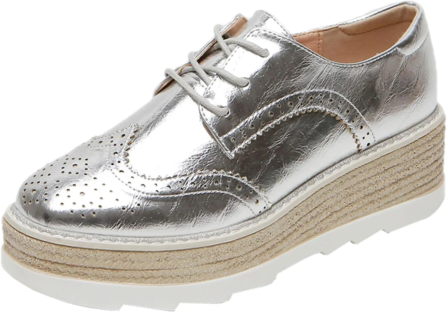 SHEMEE Women's Platform Heels Wedge Lace Up Oxfords Pumps Retro Wingtip High Heels Round Toe British Style Brogues Leisure Sneaker Shoes