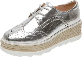 SHEMEE Women's Platform Heels Wedge Lace Up Oxfords Pumps Retro Wingtip High Heels Round Toe British Style Brogues Leisure Sneaker Shoes